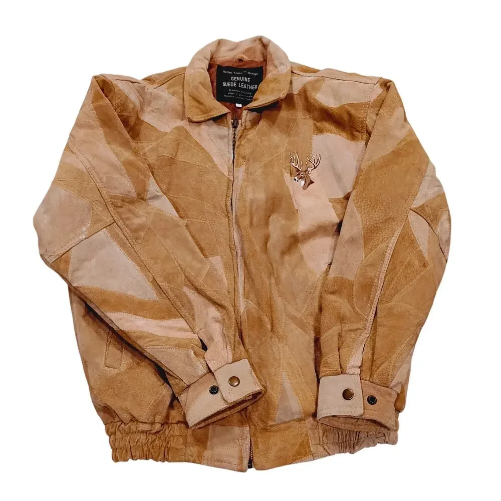 VTG Genuine Suede Leather Coat Jacket Italian Stone Design SZ Med Embroider Deer